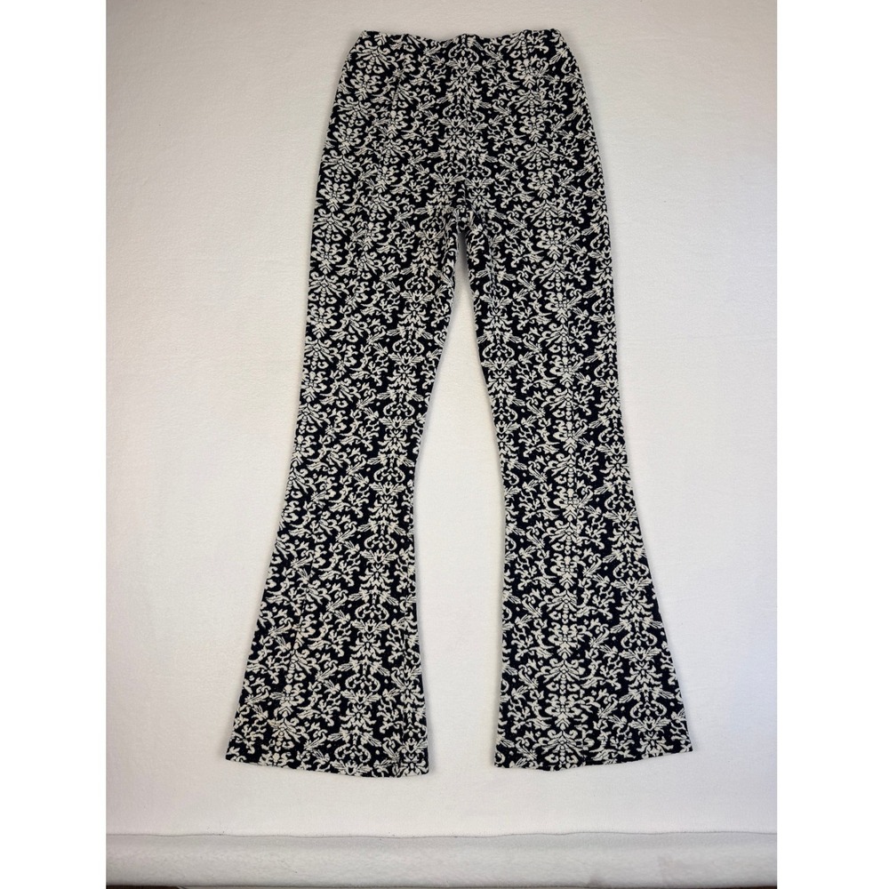 Anthropologie Damask Floral Knit Flare Pants Black White XS Boho Retro Stretch
